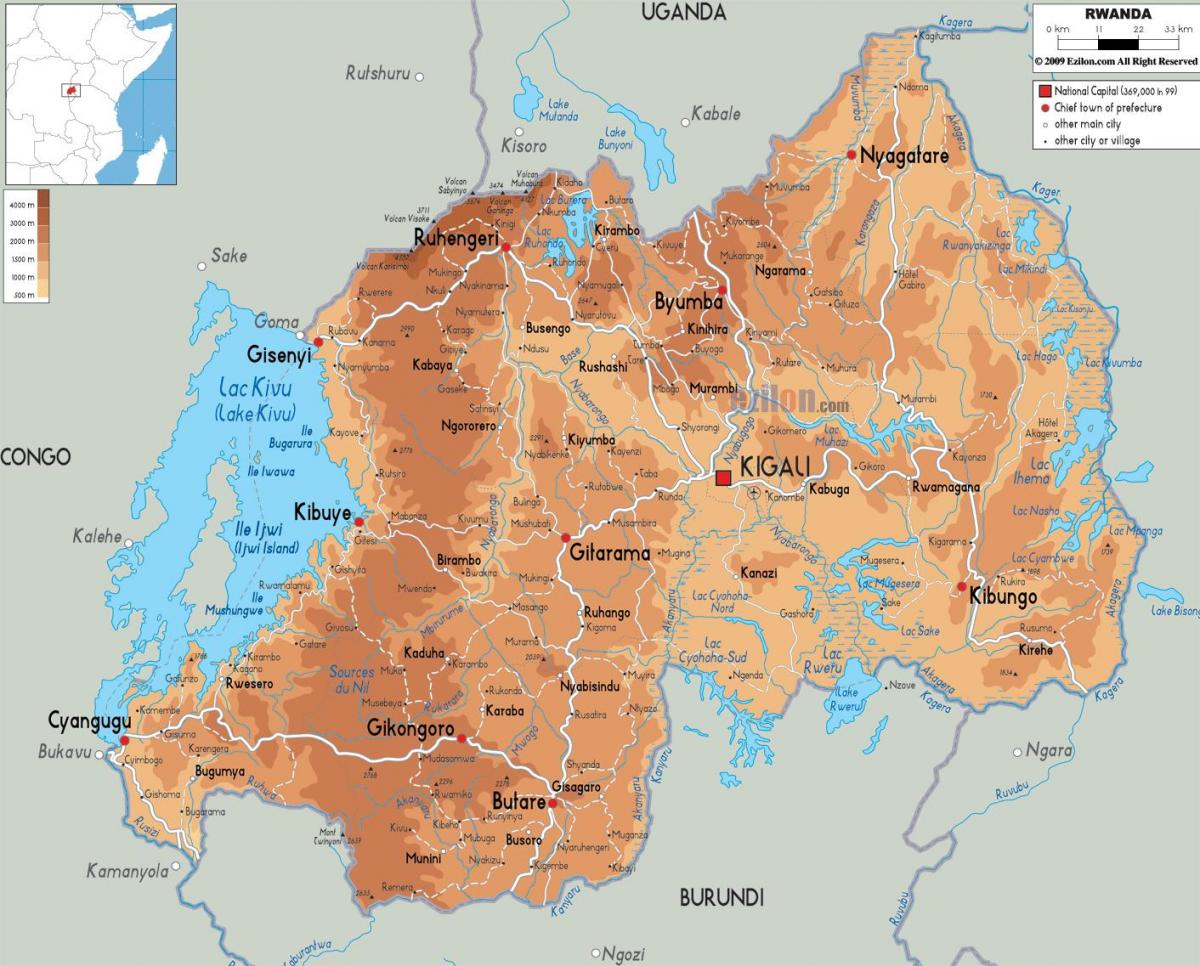 karta över fysiska karta över Rwanda