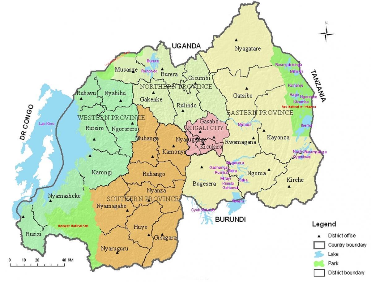 karta över Rwanda med distrikt och sektorer